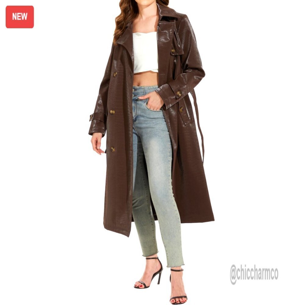 Women's Vegan Leather Trench Coat, Moto Biker Jacket, Lightweight Faux Leather